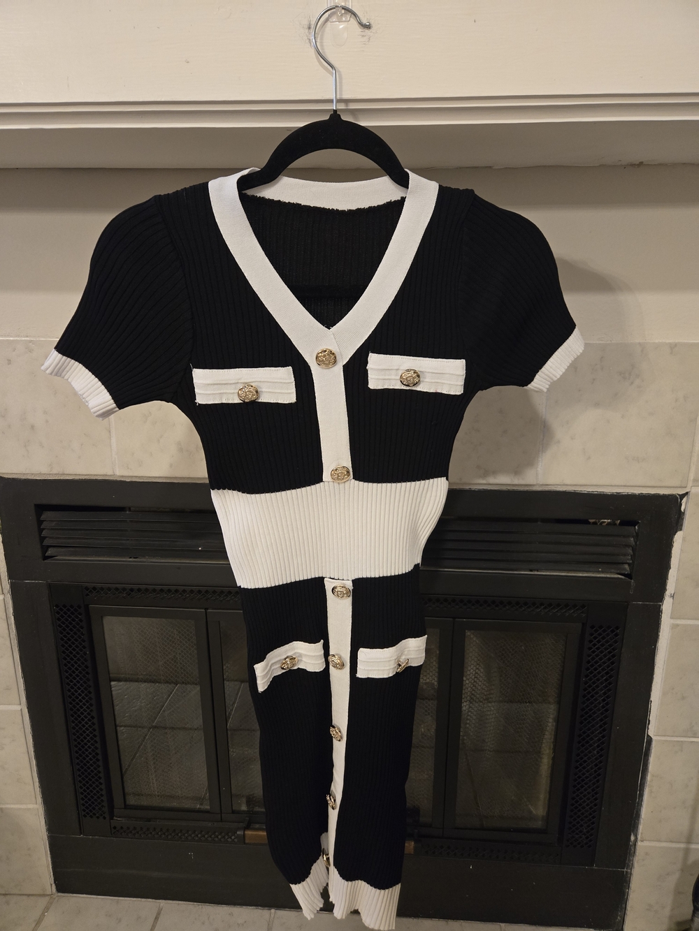 Elegant Black and White Ribbed Knit Formal Dress with Gold Buttons